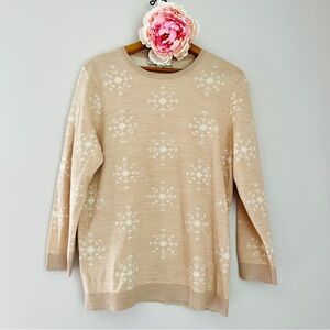 LOFT Cream Floral Crew Neck Sweater Wool Blend Large Snowflake